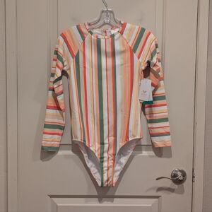 Roxy Girl’s Striped Long Sleeve Rash Guard One Piece Swimsuit Size XXL